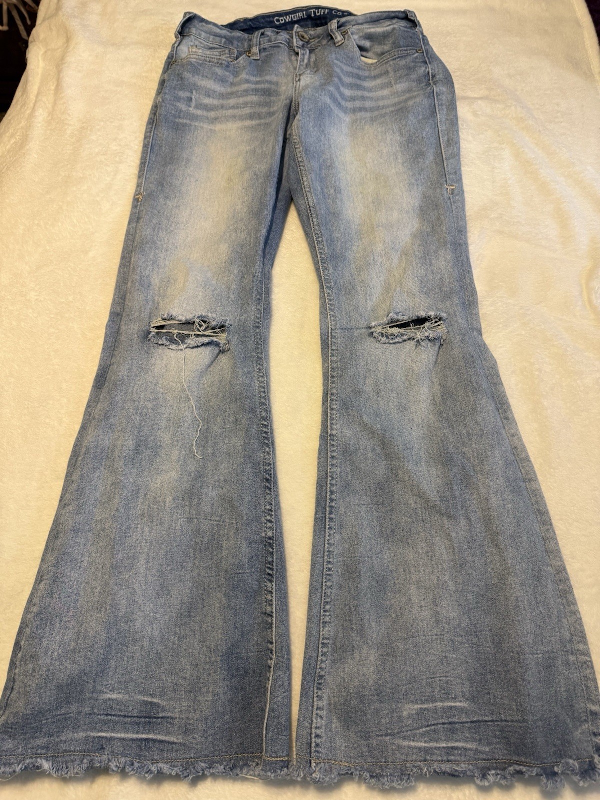 Cowgirl Tuff Co Women’s Light Wash/Mid Rise/Ripped Frayed Hem Flare Jeans