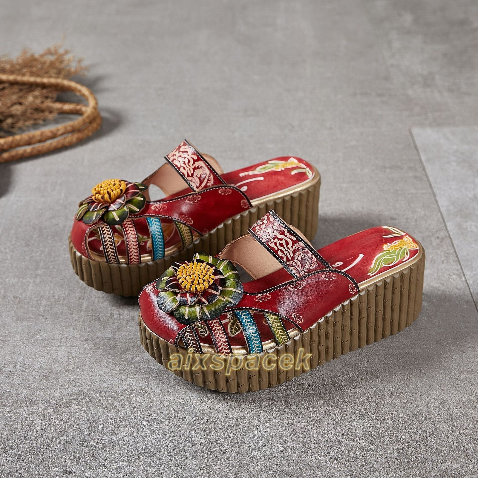 Ladies Ethnic Thick-soled Cowhide Leather Sandals Women Handmade Home Slippers
