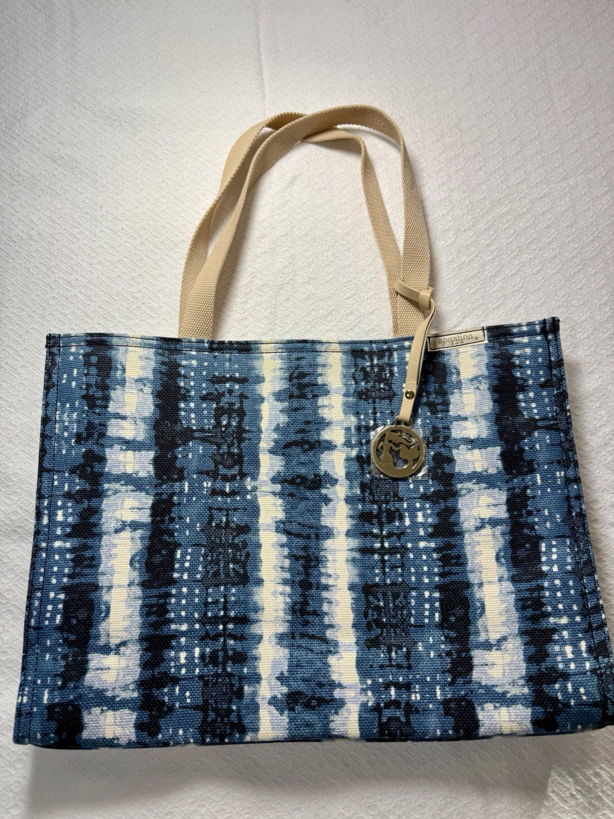 Spartina 449 Large Blue White Tie Dye Tote Bag Mermaid Charm Lined Open Top