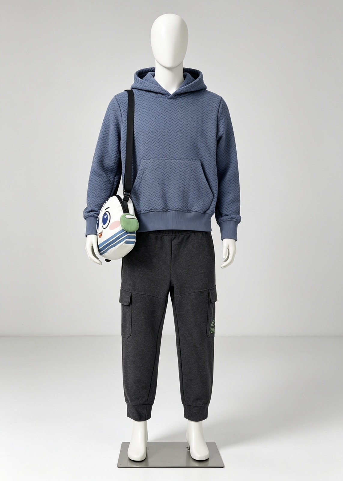 Kids Blue Hoodie & Charcoal Jogger Pants + Cartoon Crossbody Bag. Side: 3-4 Year