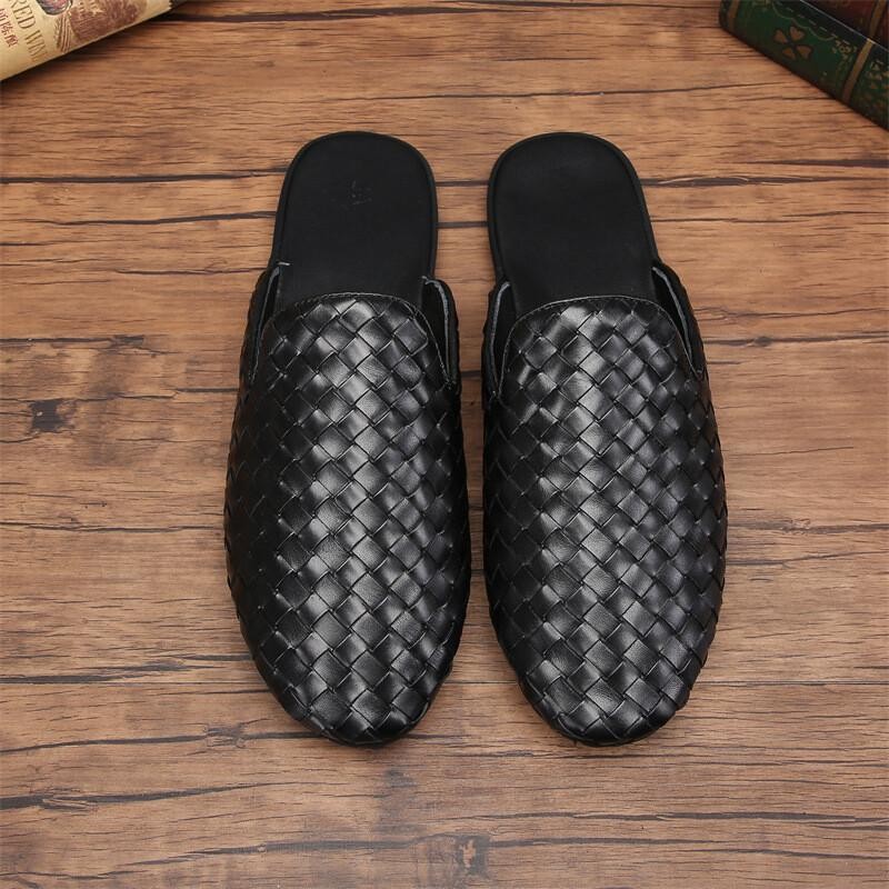 Men’s Leather Woven Slippers Flats Closed Toe Mules Handmade Casual Club Sandals