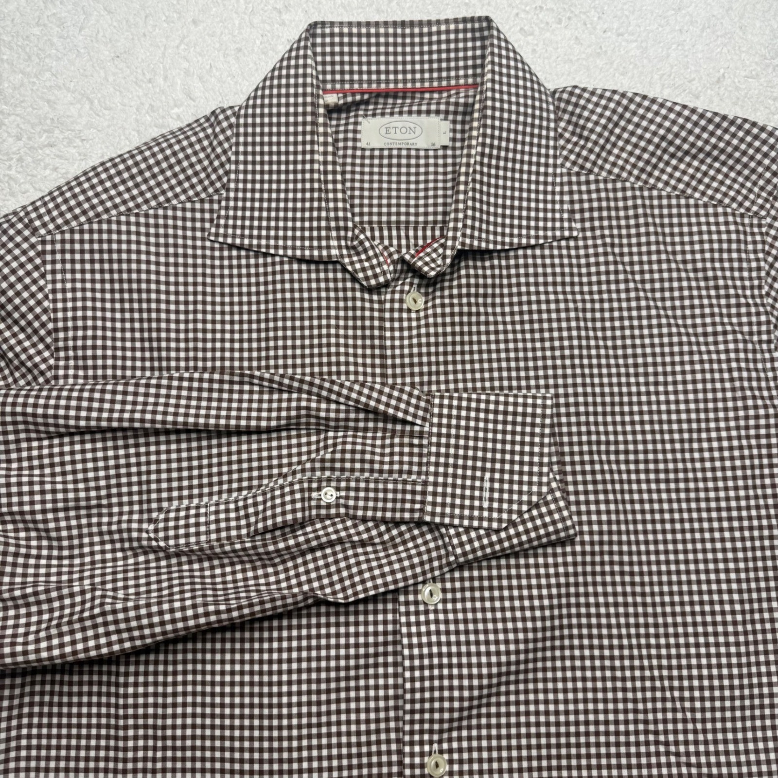 Eton Contemporary Brown Gingham Check Men’s Dress Shirt Size Large 16 (41)