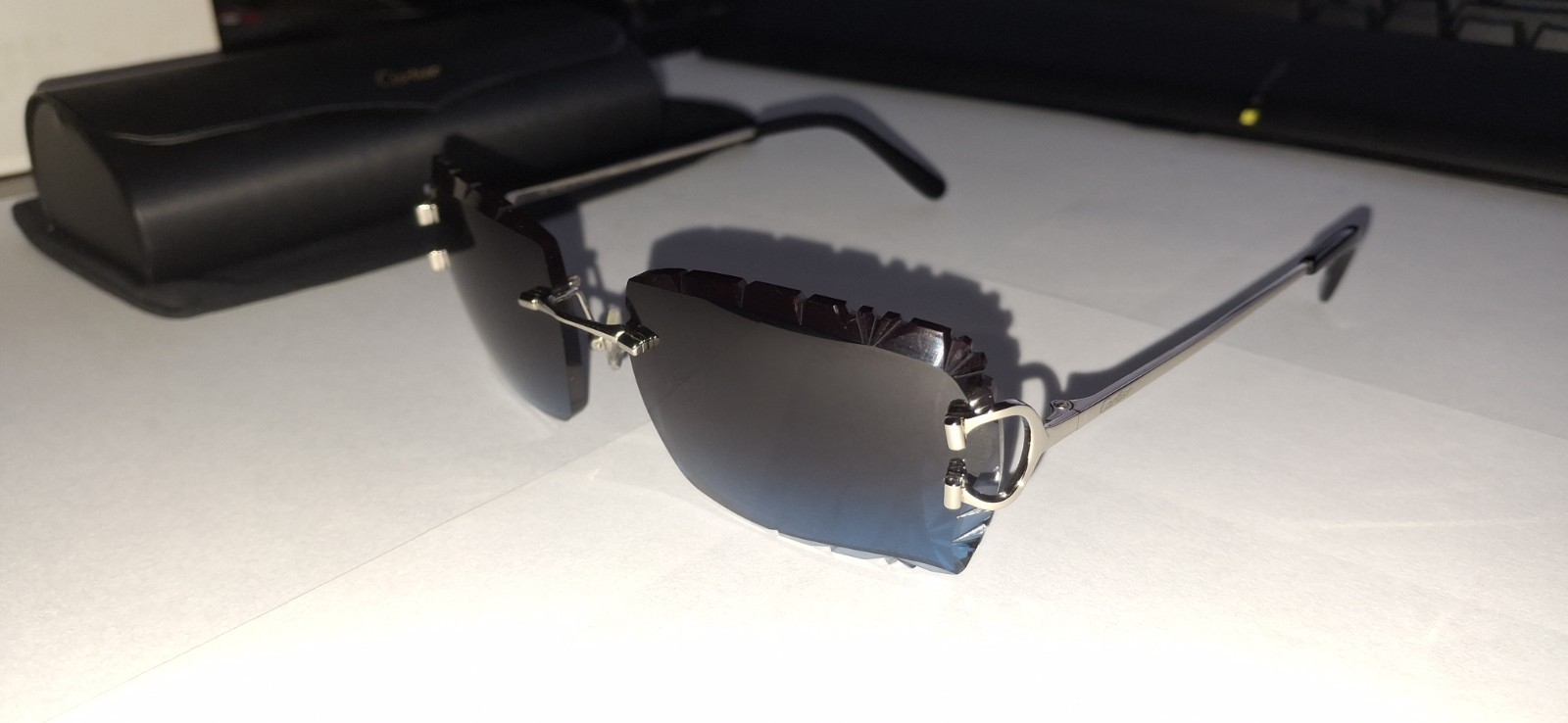 Cartier Rimless Big C Sunglasses Gradient Black & Blue Lenses Silver Frame