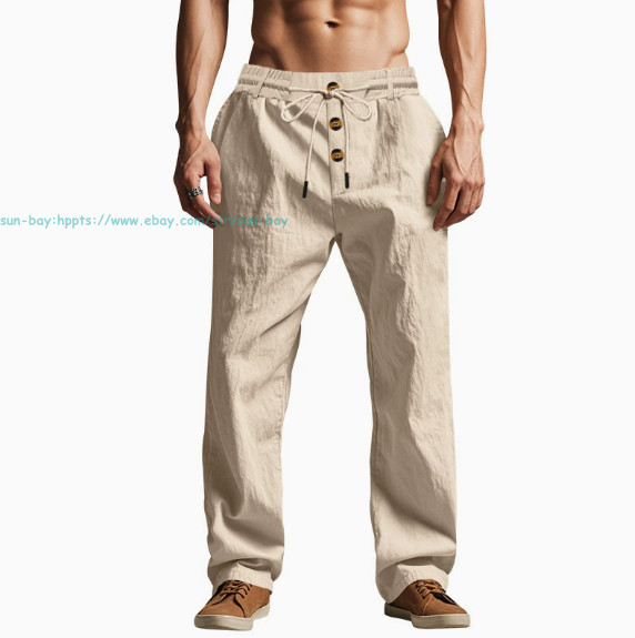 Men Casual Linen Pants Elastic Waist Drawstring Summer Beach Trousers withPocket