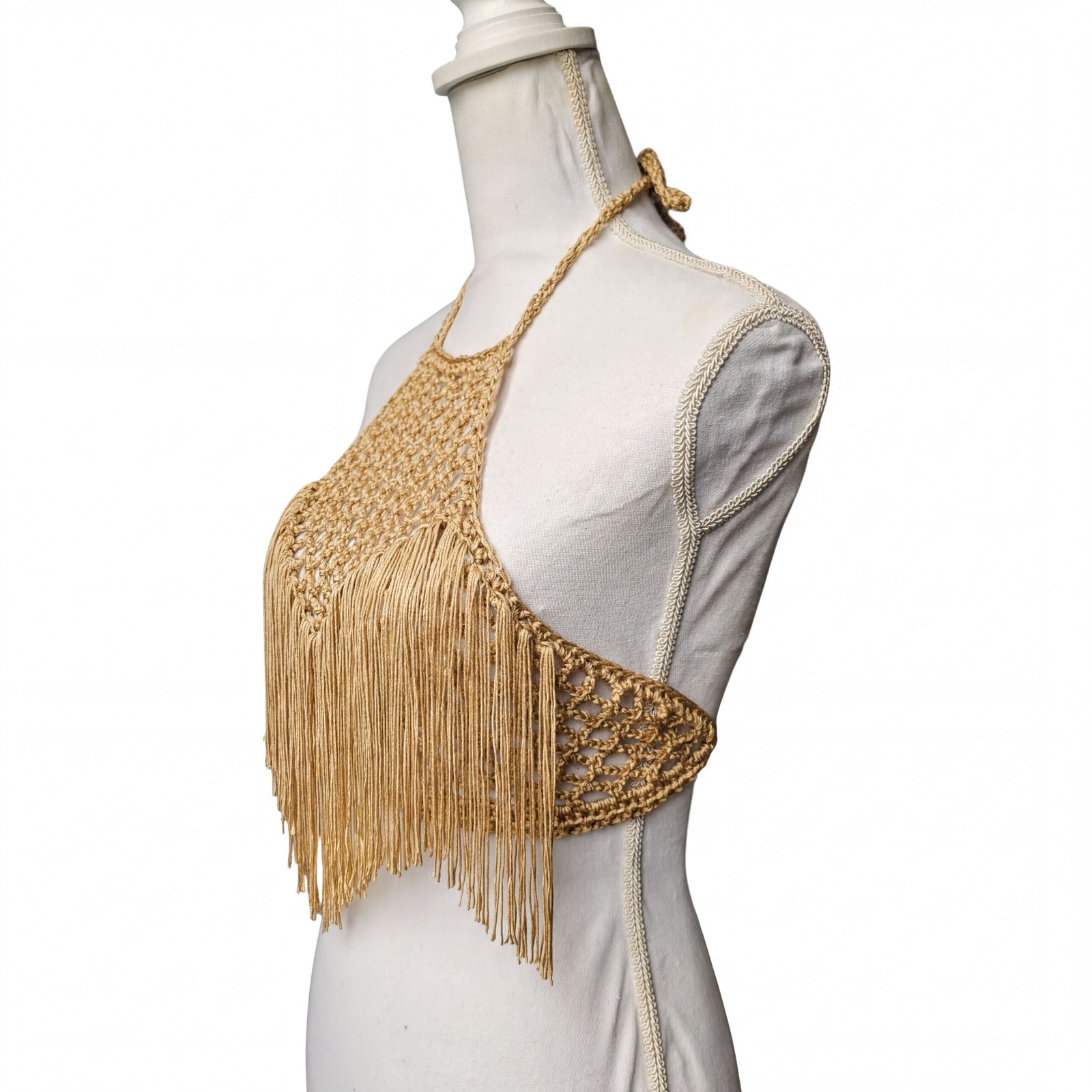 Handmade Crochet Halter Top Gold Small Fringe Boho Festival Sleeveless