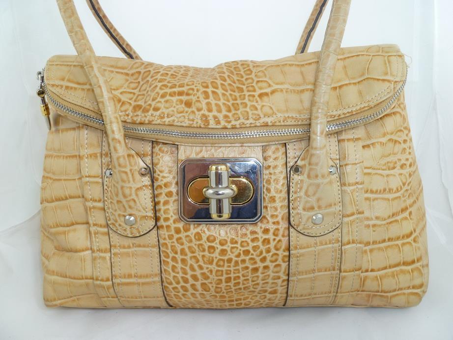 B MAKOWSKY USED CROC EMBOSSED KHAKI LEATHER FOLD OVER TOTE/SHOULDER BAG/SHOPPER