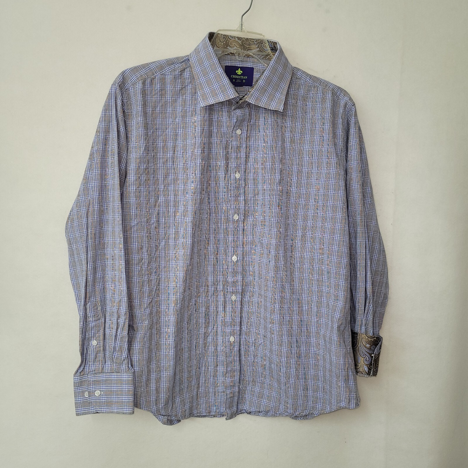 Christian Aujard Shirt Mens 2XL/XXL Blue Plaid Contrast Turn Cuff Office Preppy