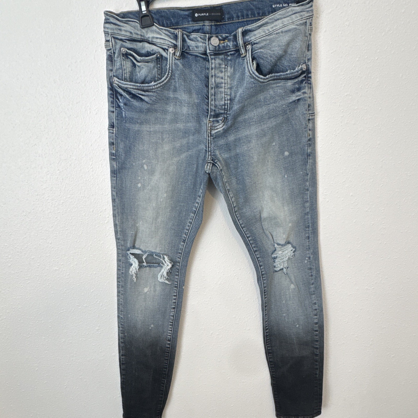 PURPLE Brand Men’s Blue Light Wash Skinny Slim Denim Jeans Distressed 5-Pocket