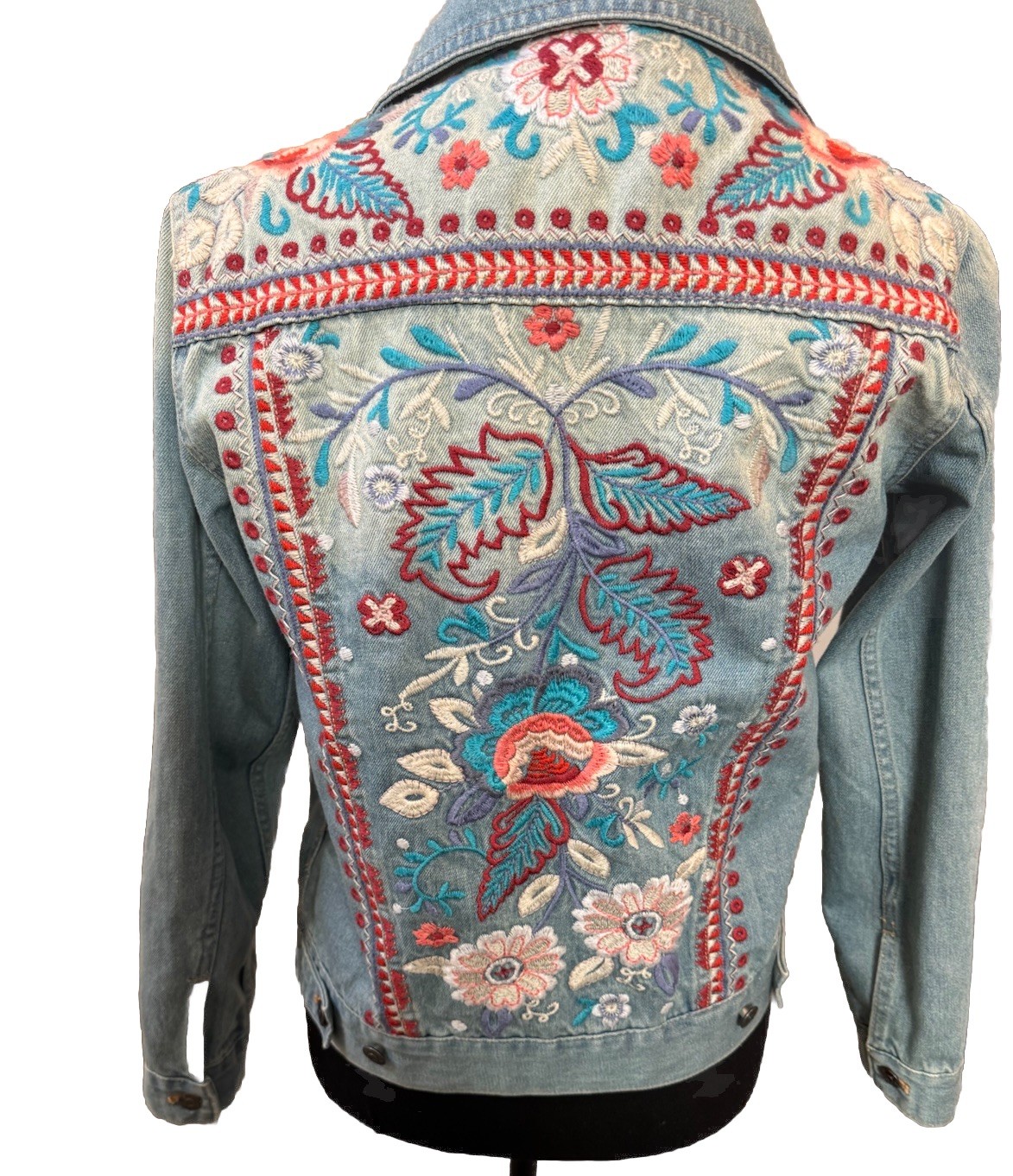 Johnny Was Oman Embroidered Denim Jean Jacket Women’s Boho Artsy Colorful XS
