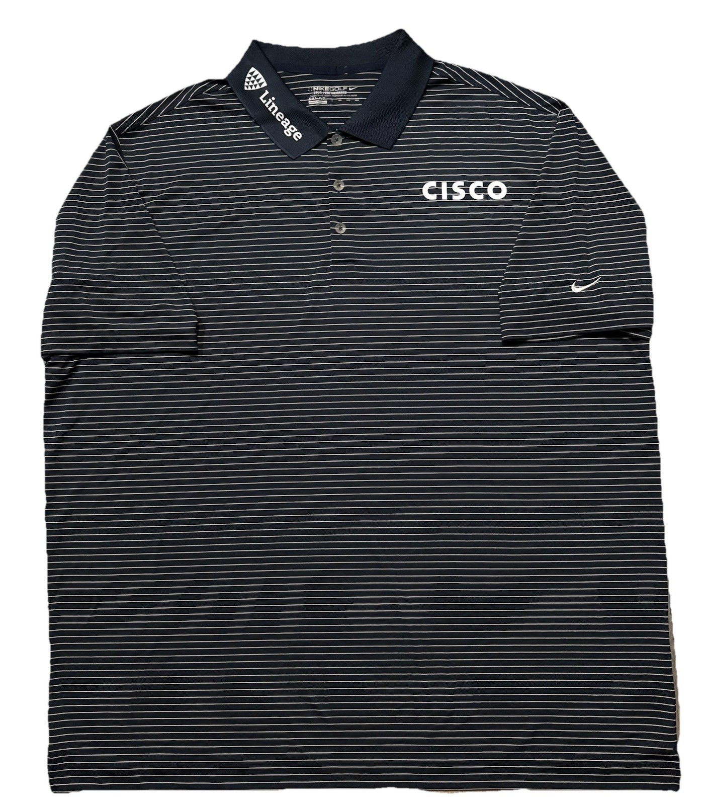 Nike Tournament Polo Golf Shirt W/ Sponsors. Mens 3XL. Blue. Lineage. Cisco.