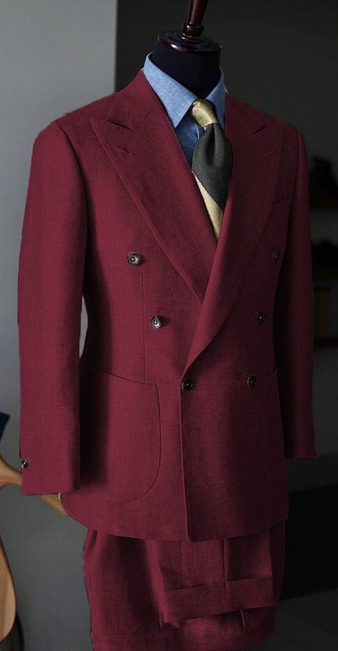 Double Breasted Linen Men’s Suits 2PCS Peak Lapel Wedding Groom Blazer Tuxedos