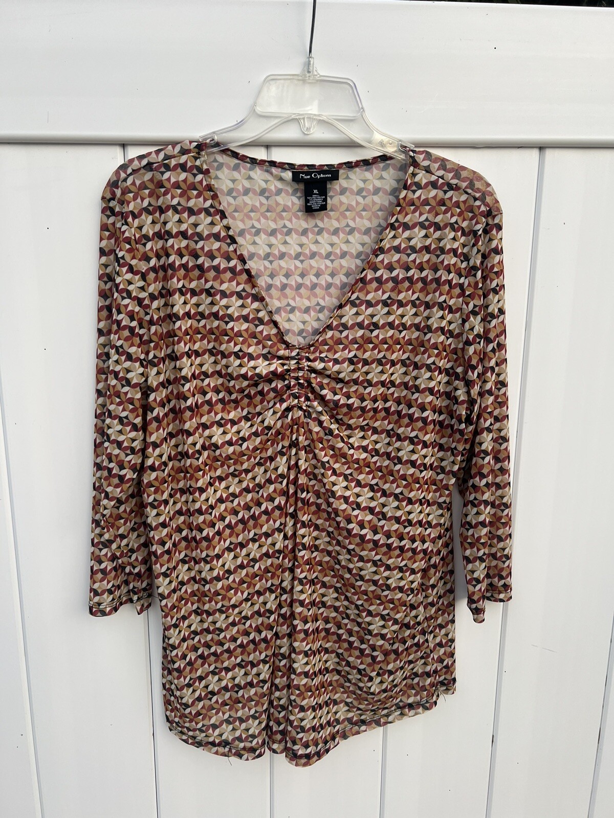 NUE OPTIONS Women’s Multicolor Geometric V-Neck Blouse Sheer 3/4 Sleeve Sz XL