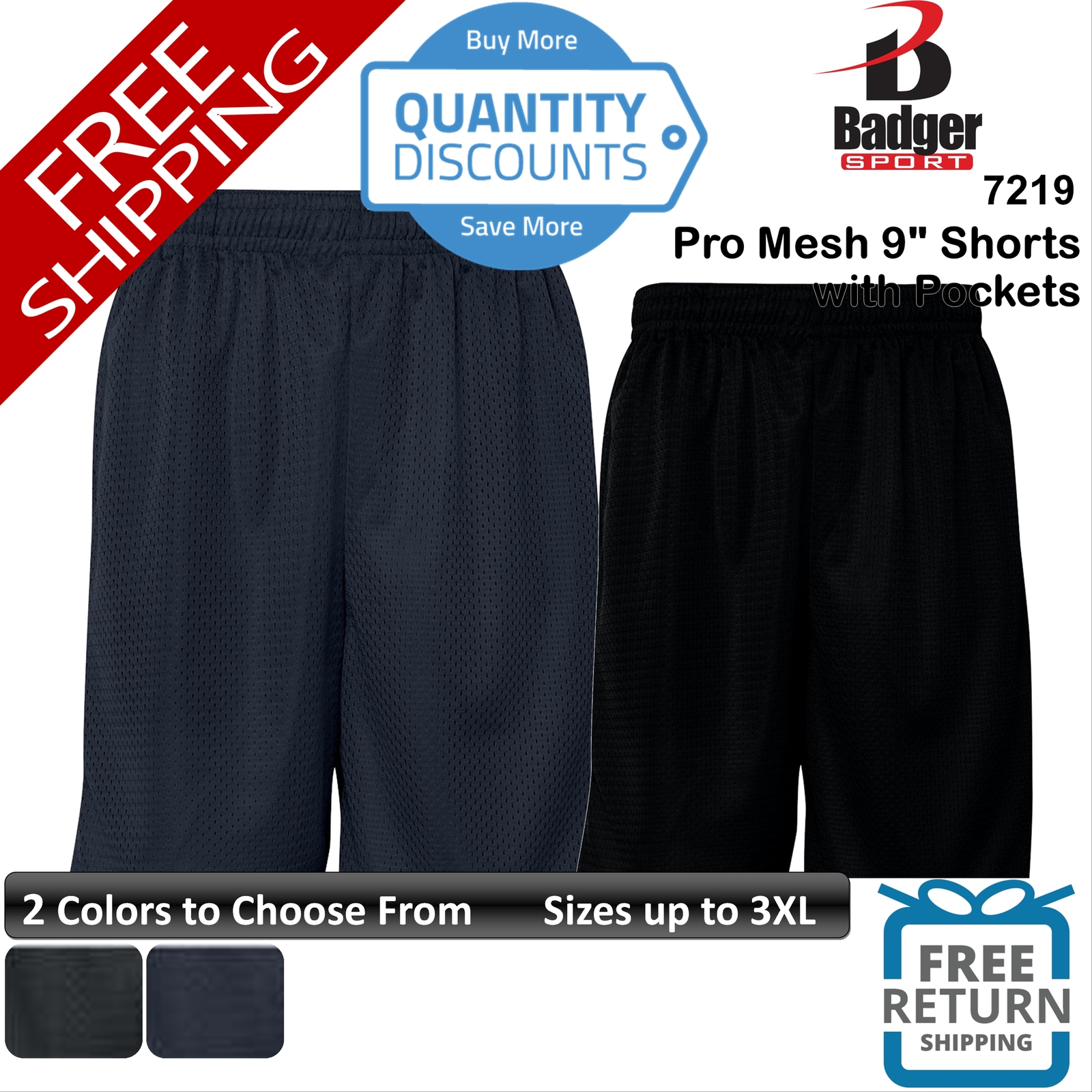 🔥 Badger Men Pro Mesh 9″ Shorts With Pockets Drawcord Sports Up To 3XL 7219