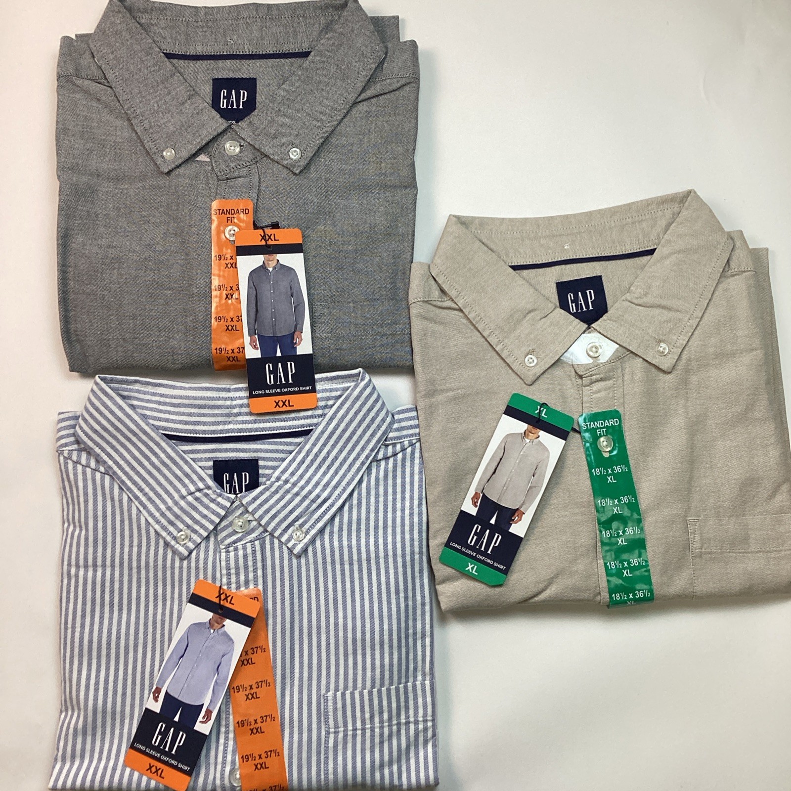 GAP Men’s Oxford Long Sleeve Button-Up Shirts Cotton Blend, Tan, Striped & Gray