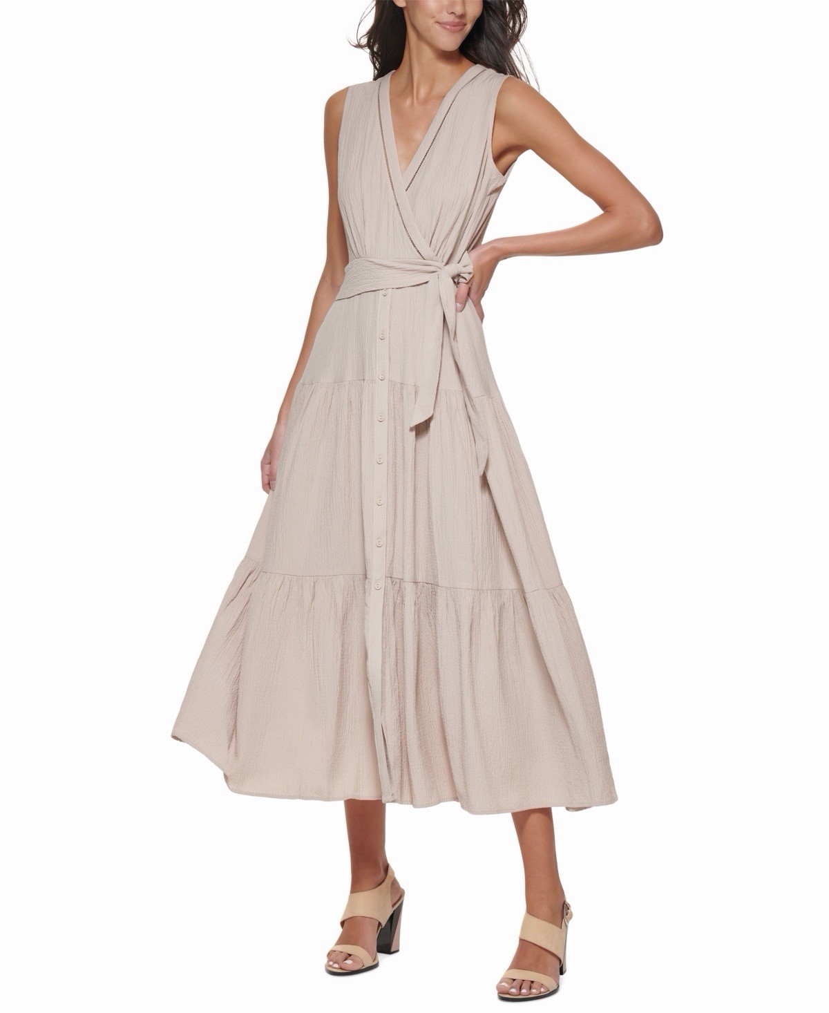 Calvin Klein Beige V-Neck Sleeveless Wrap Midi Dress Belted Size 6