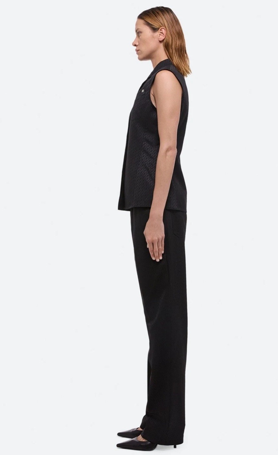 $545 HELMUT LANG Size 8 Sleeveless Modest Vest Black Tonal Jacquard Top