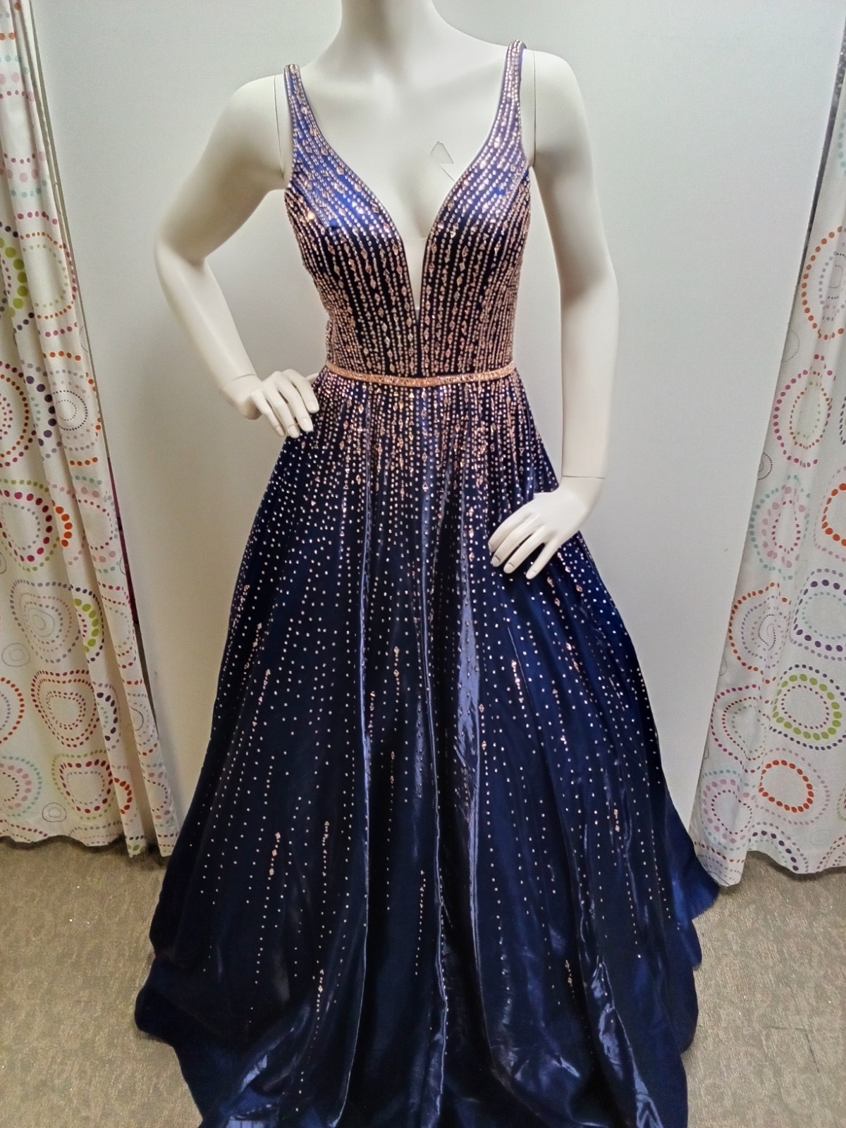 Navy Silk Ball Gown with Gold Bead Design