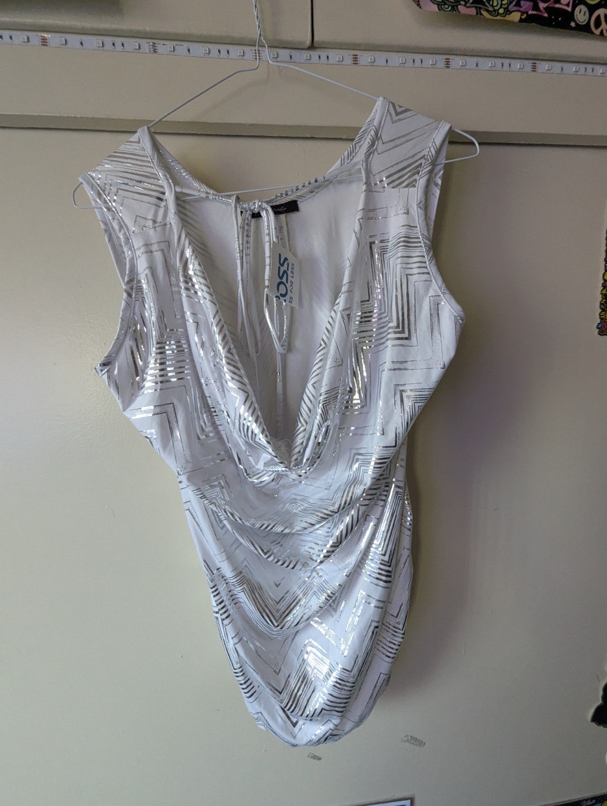 City Halo Geometric Cowl Neck Sleeveless Sheath Dress White/Silver Foil XL