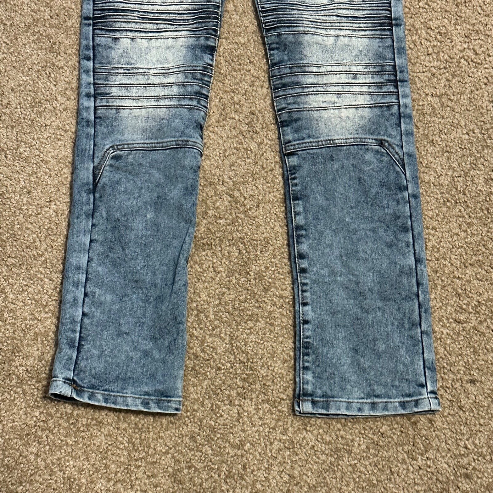 Mens Biker Jeans 30X30 Acid Wash Blue Moto Denim Ribbed Knee Zipper Slim Fit