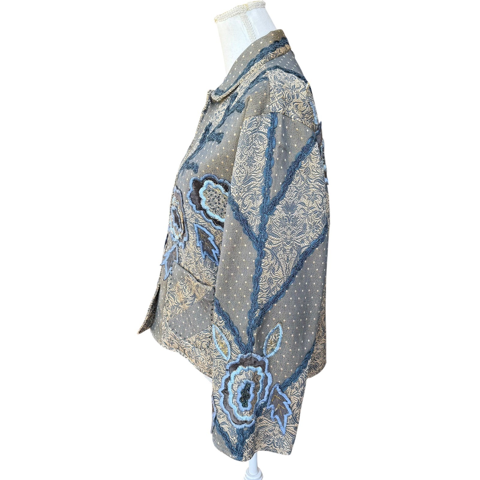 Silverstream Floral Applique Tapestry Jacket Blue Gold Cotton One Size Art Wear
