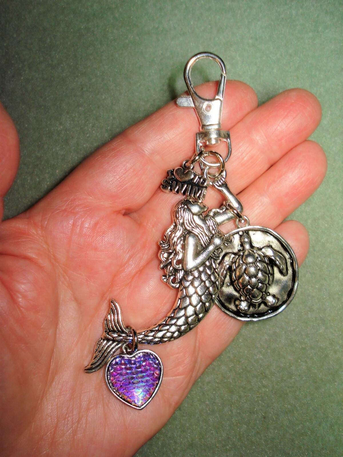 4 3/4″ Drop Mermaid, Sea Turtle, Heart “Swim” Charm Silver Plate Key Ring Glitz