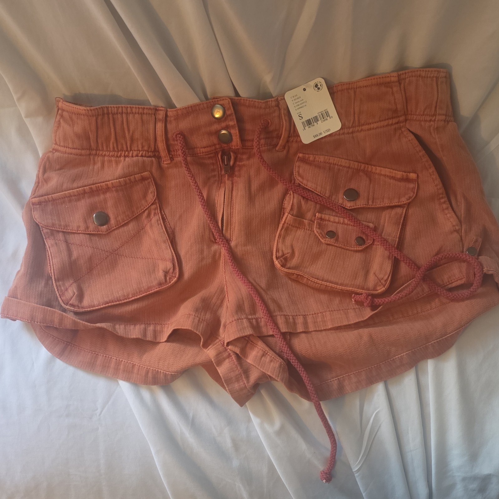 Free People Women’s Pink Cargo Shorts S Cotton Twill Mid Rise Button Pockets