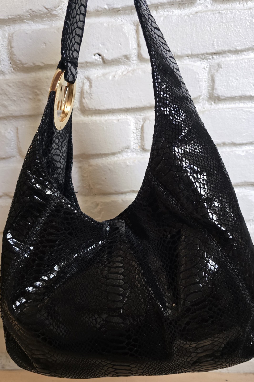 Michael Kors Black Python Snakeskin Embossed Leather Hobo Bag Gold Hardware