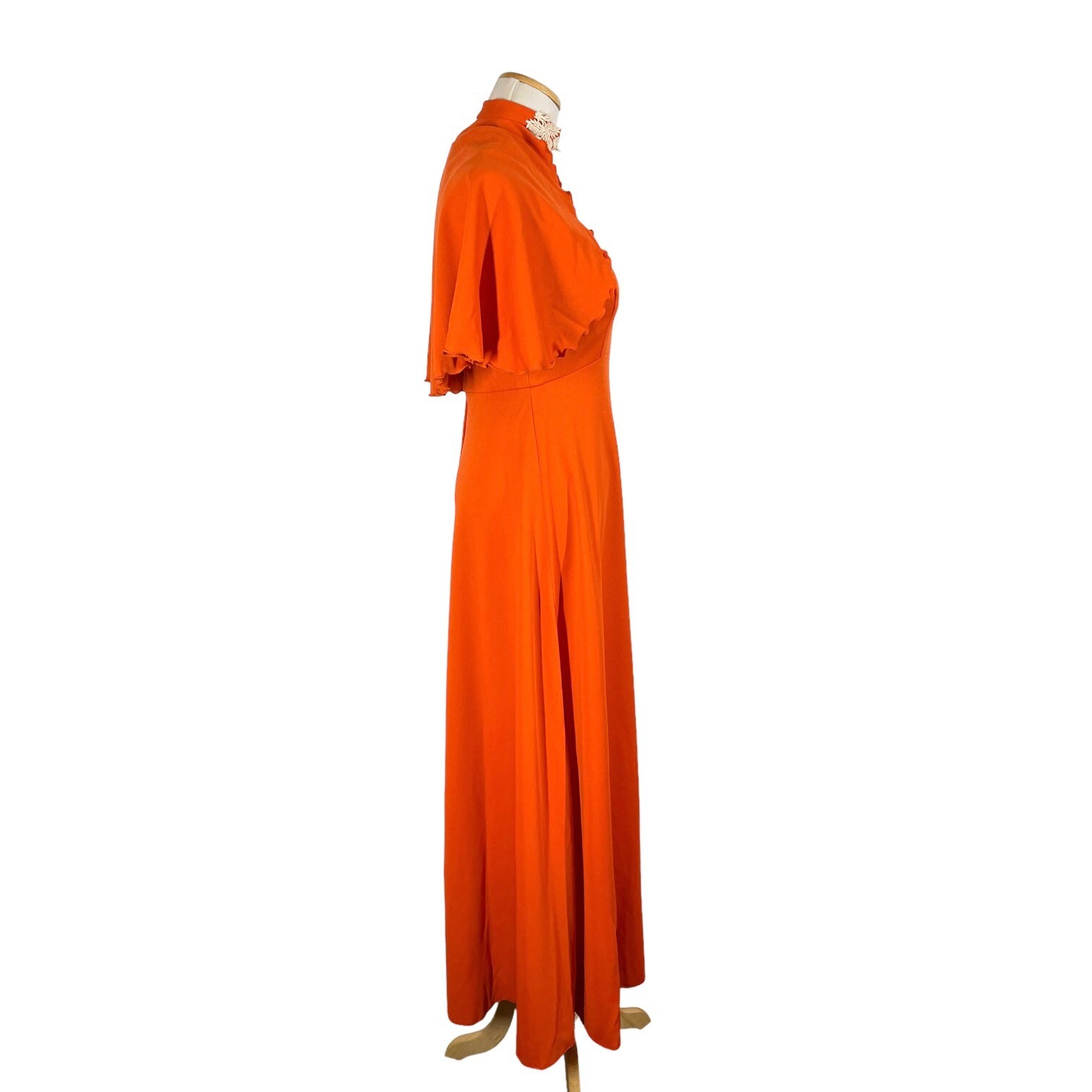 Vintage 1970s Sylvia Ann Maxi Dress Cape Set Knit Back Zip Empire Waist Orange