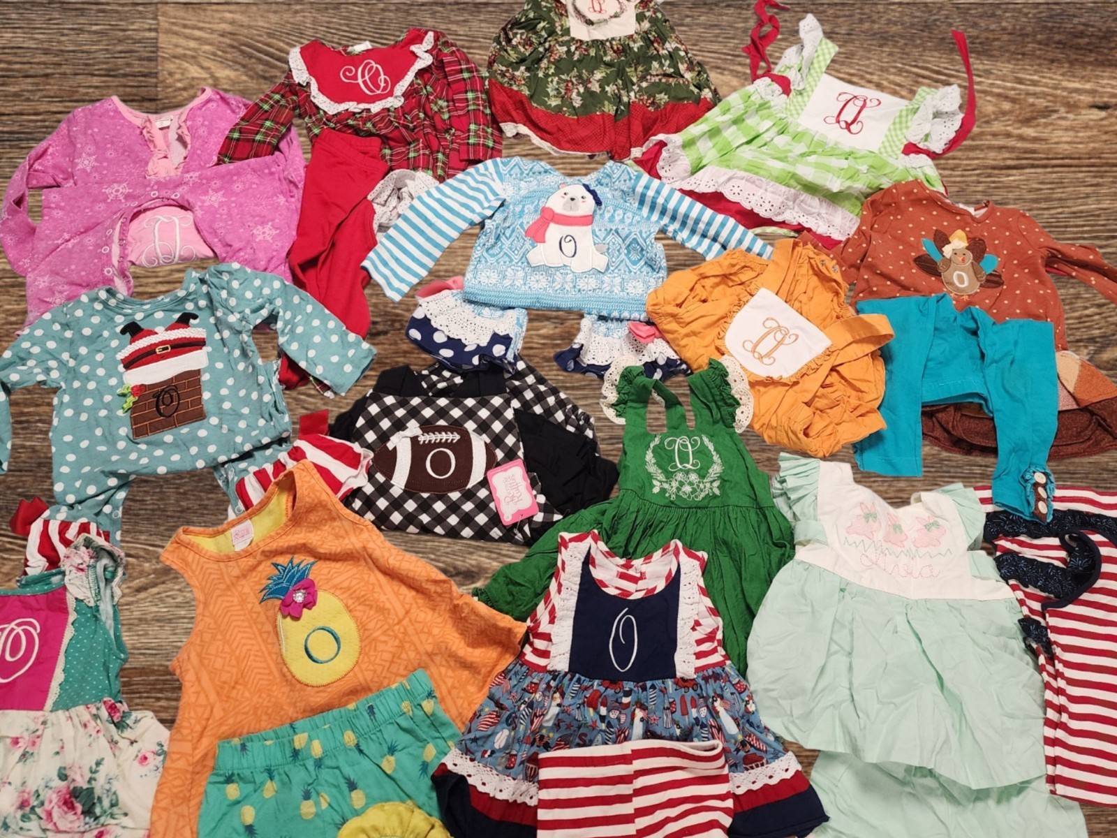Huge Lot Ricrac & Ruffles Girls Outfits/Dresses 12m-3T Monogram “O”