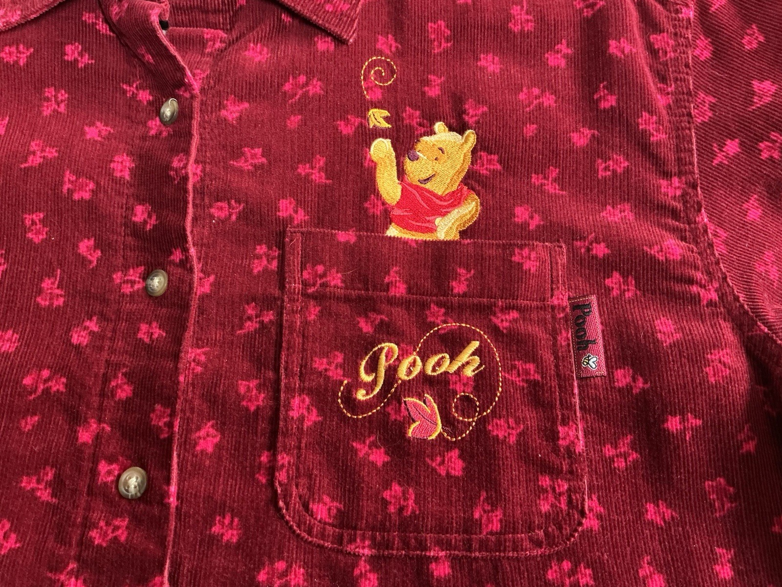 Winnie The Pooh Women’s Burgundy Corduroy Embroidered Button Shirt Medium NWT