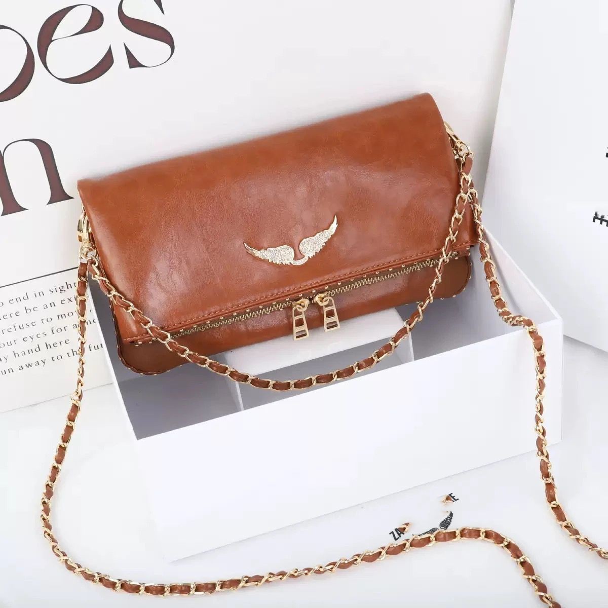 Zadig & Voltaire Style Brown Crackle Leather Studded Crystal Wing Chain Clutch