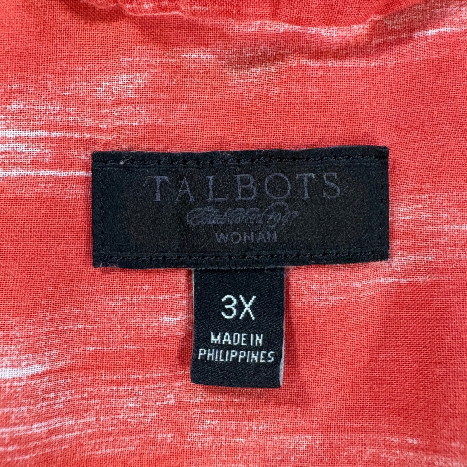 Talbots Woman 3X Coral Ikat Print Cotton Pintuck Short Sleeve Blouse Boho Top