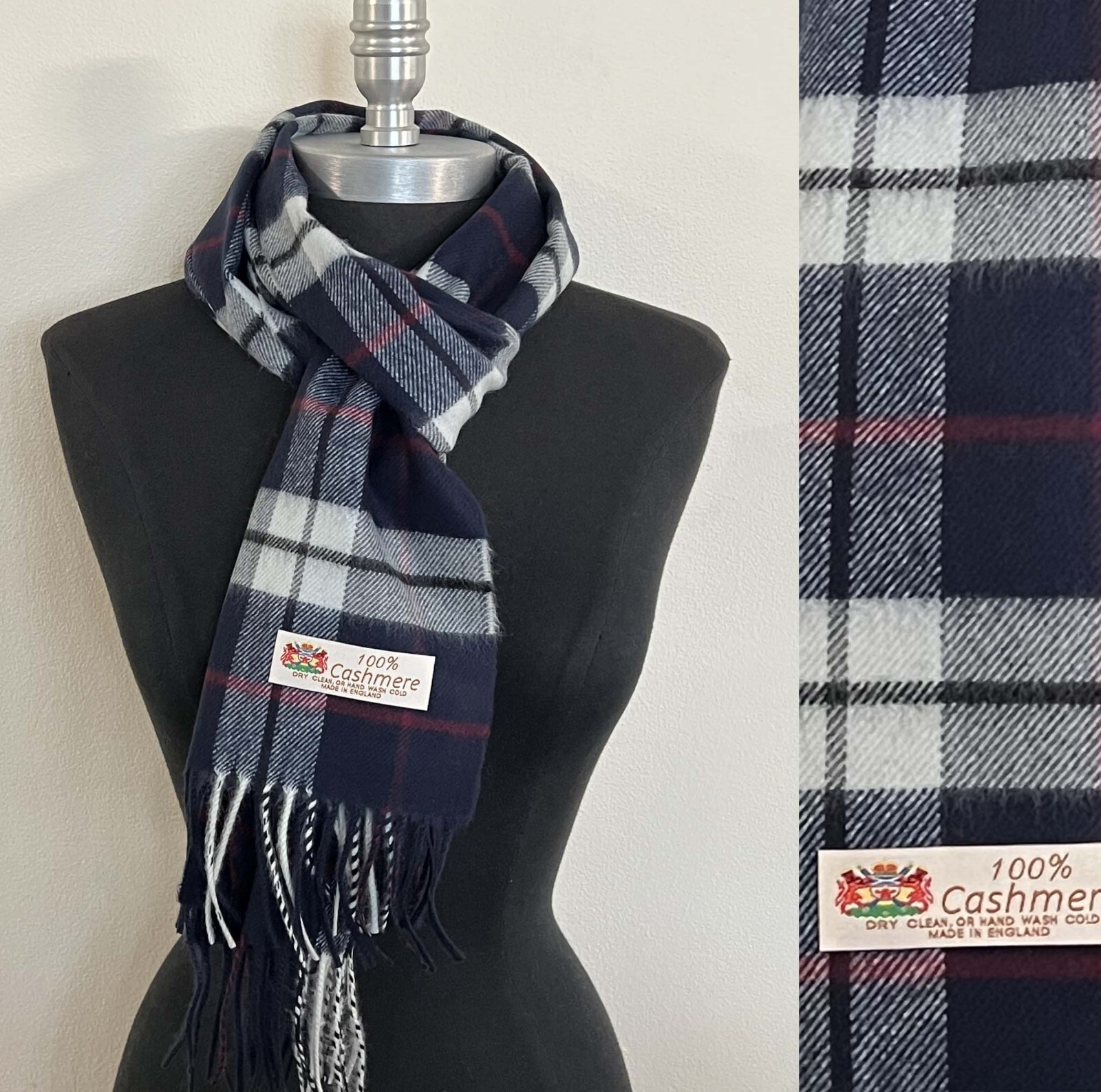 100% CASHMERE SCARF Wool Wrap Plaid Dark Blue / White / Berry #L101