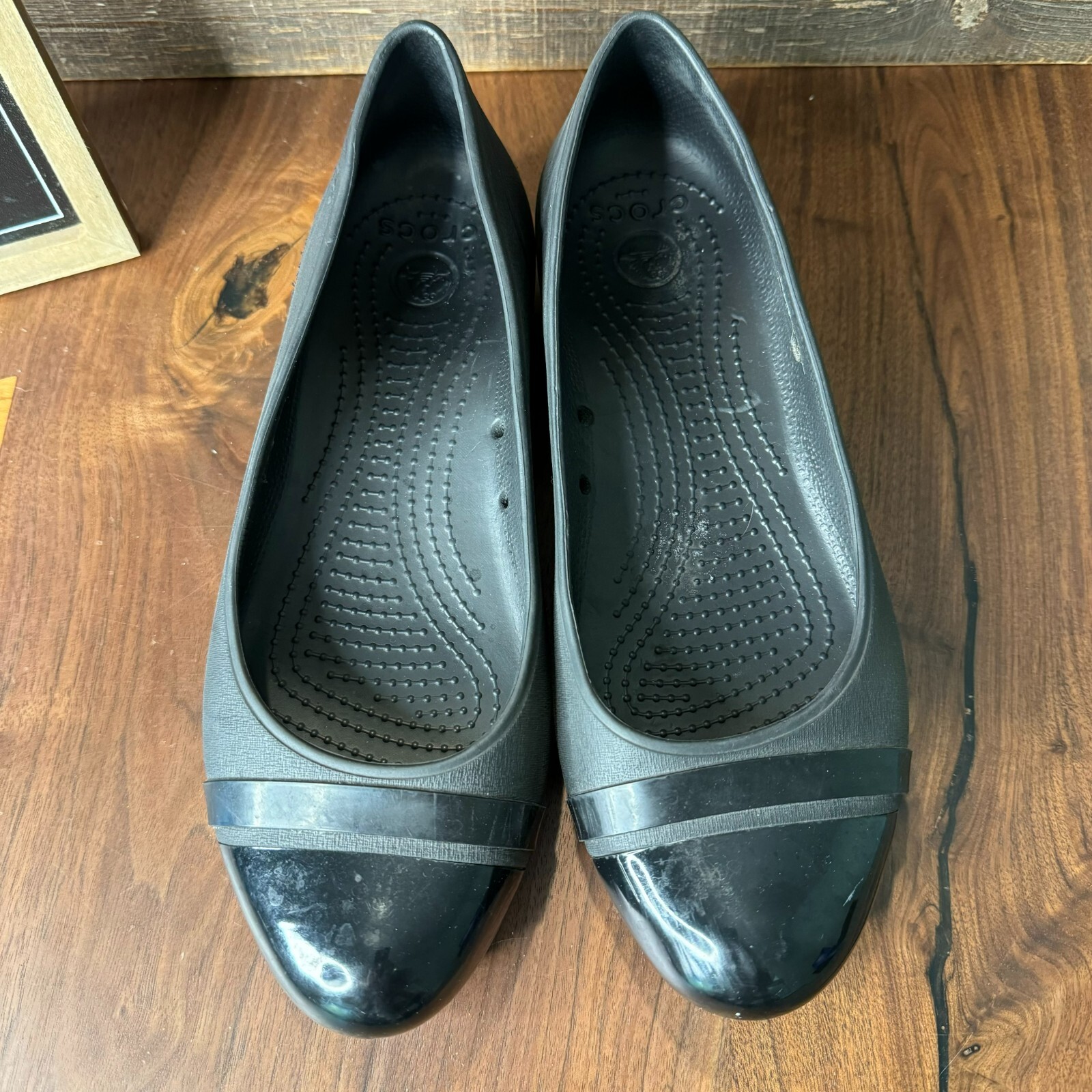 Womens Crocs Black Comfort Cap Toe Ballet Flats Shoes Slip On Size 9 M GUC