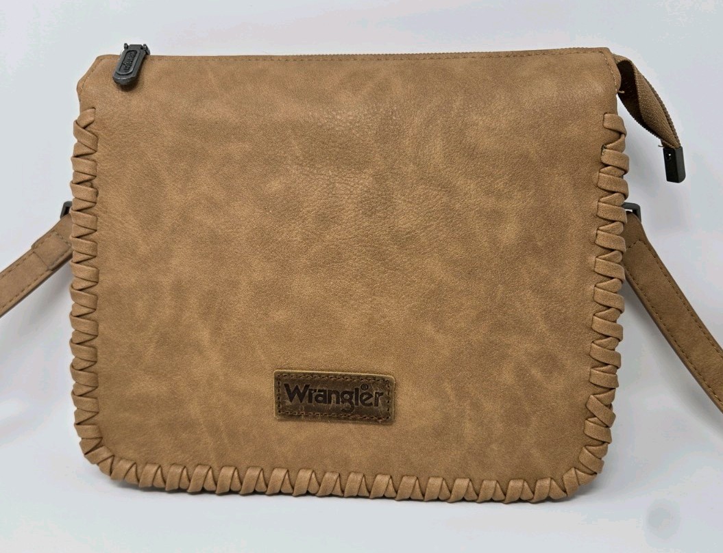 Wrangler Whipstitch Adjustable Crossbody Light Brown Leather Western purse bag