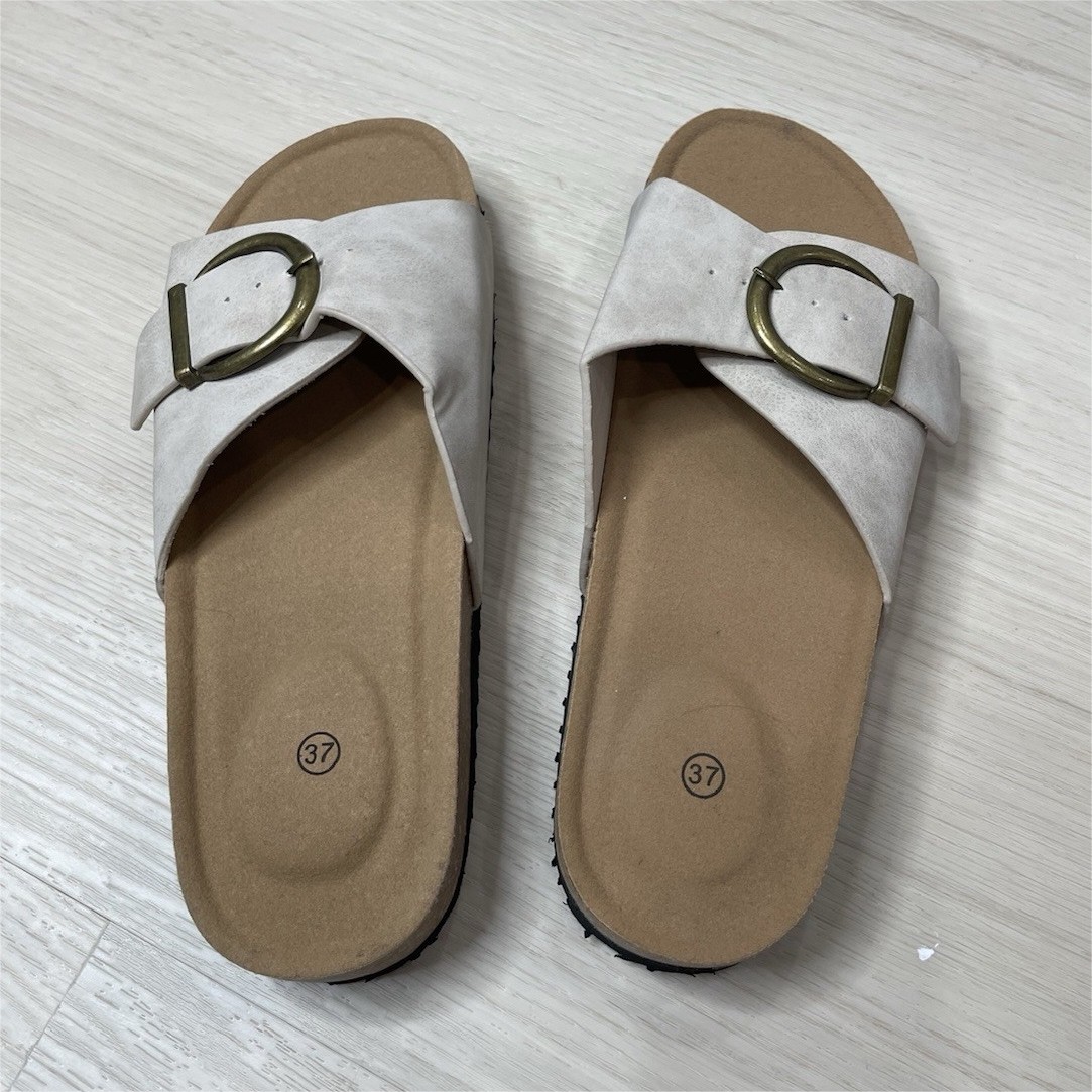 Women’s White Suede Slide Sandals Buckle Cork Sole Slip-On EU 37 US 6