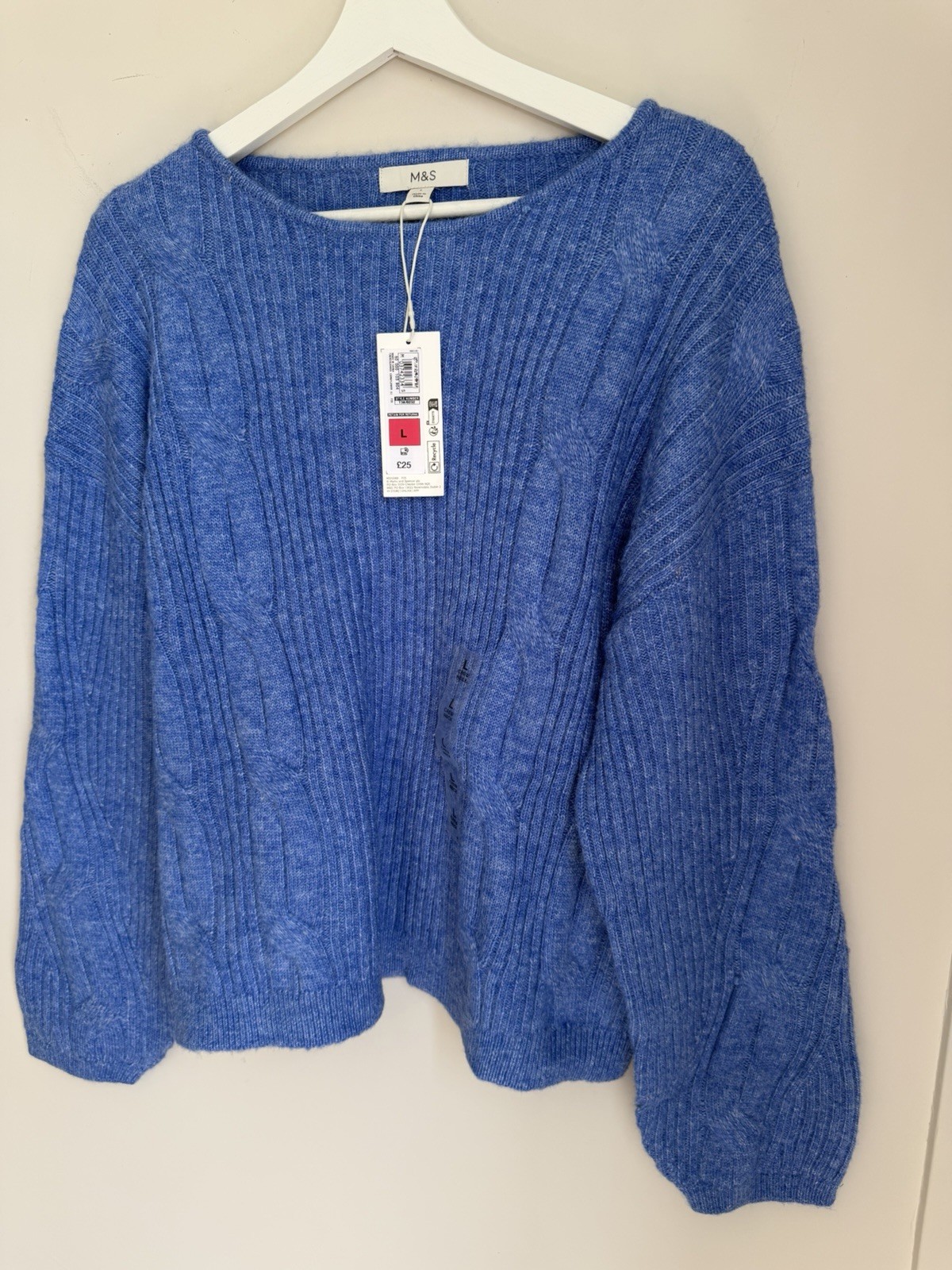 Marks & Spencer Cable, Rib, Boat Neck Jumper In Cornflower Blue Size L, BNWT