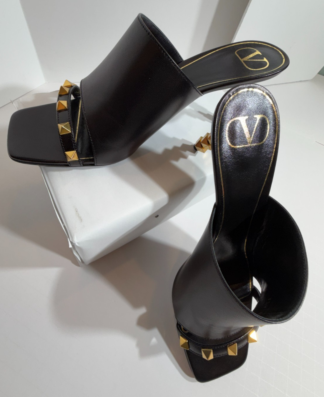 New Valentino Black Slide Sandals with Rockstud Accents 3 Inch Heels Size 38