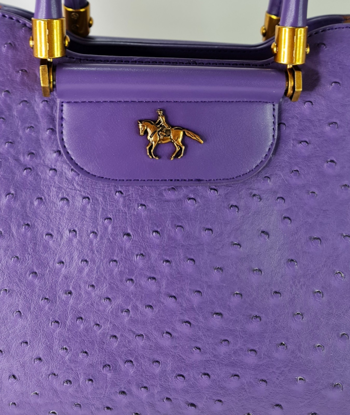 Purple Ostrich Embossed Cow Leather Satchel Top Handle Crossbody Bag Gold Zip