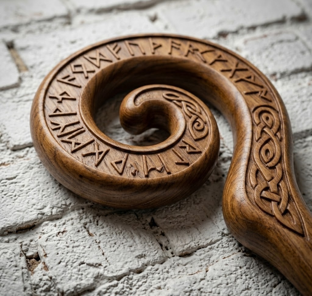 Hand-Carved Walnut Runic Staff – Celtic Knotwork – 46″ Modular Walking Stick