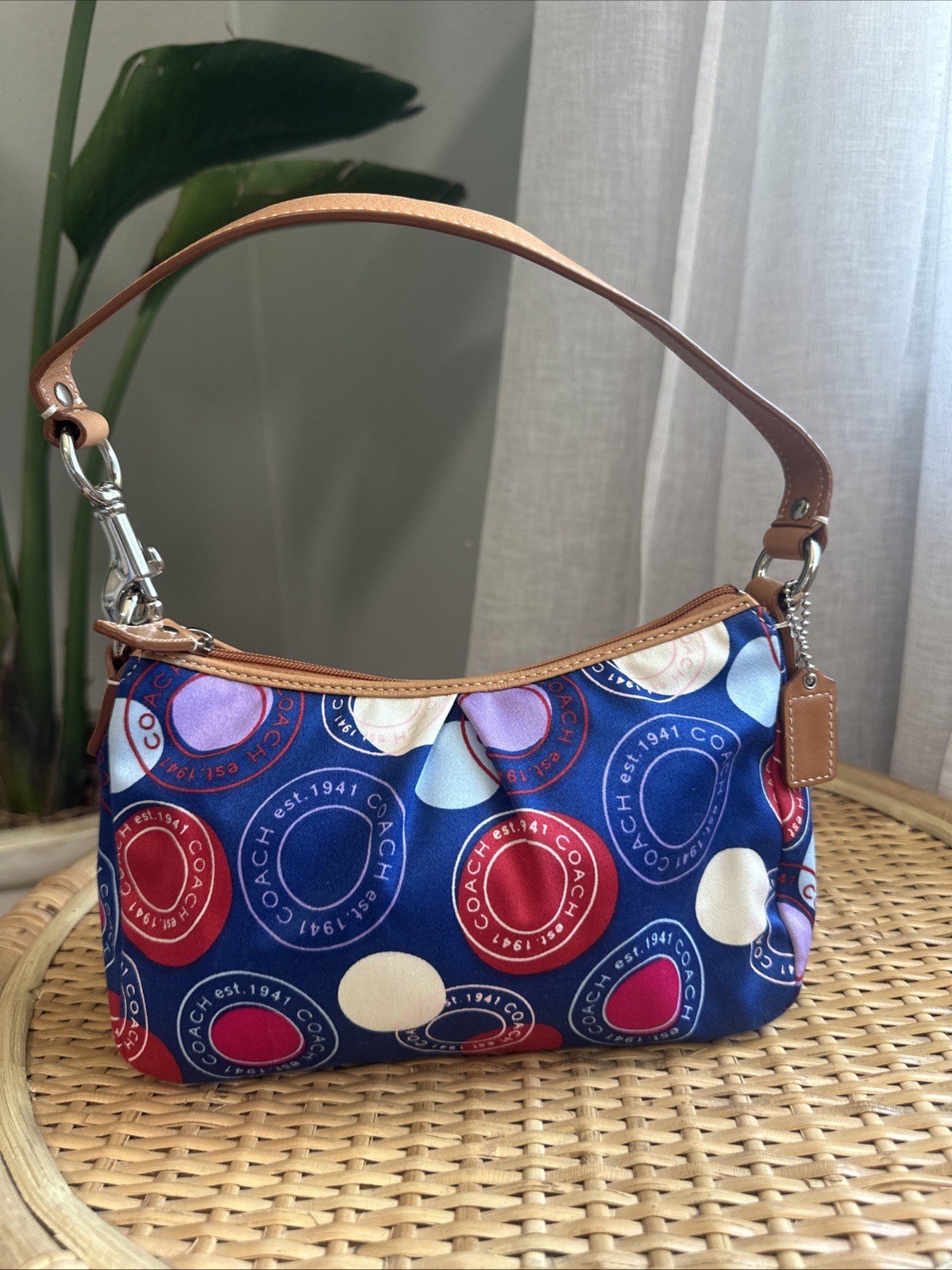 Vtg Y2K COACH Small LEAH POLKA Dot SHOULDER BAG Purse Blue Tan