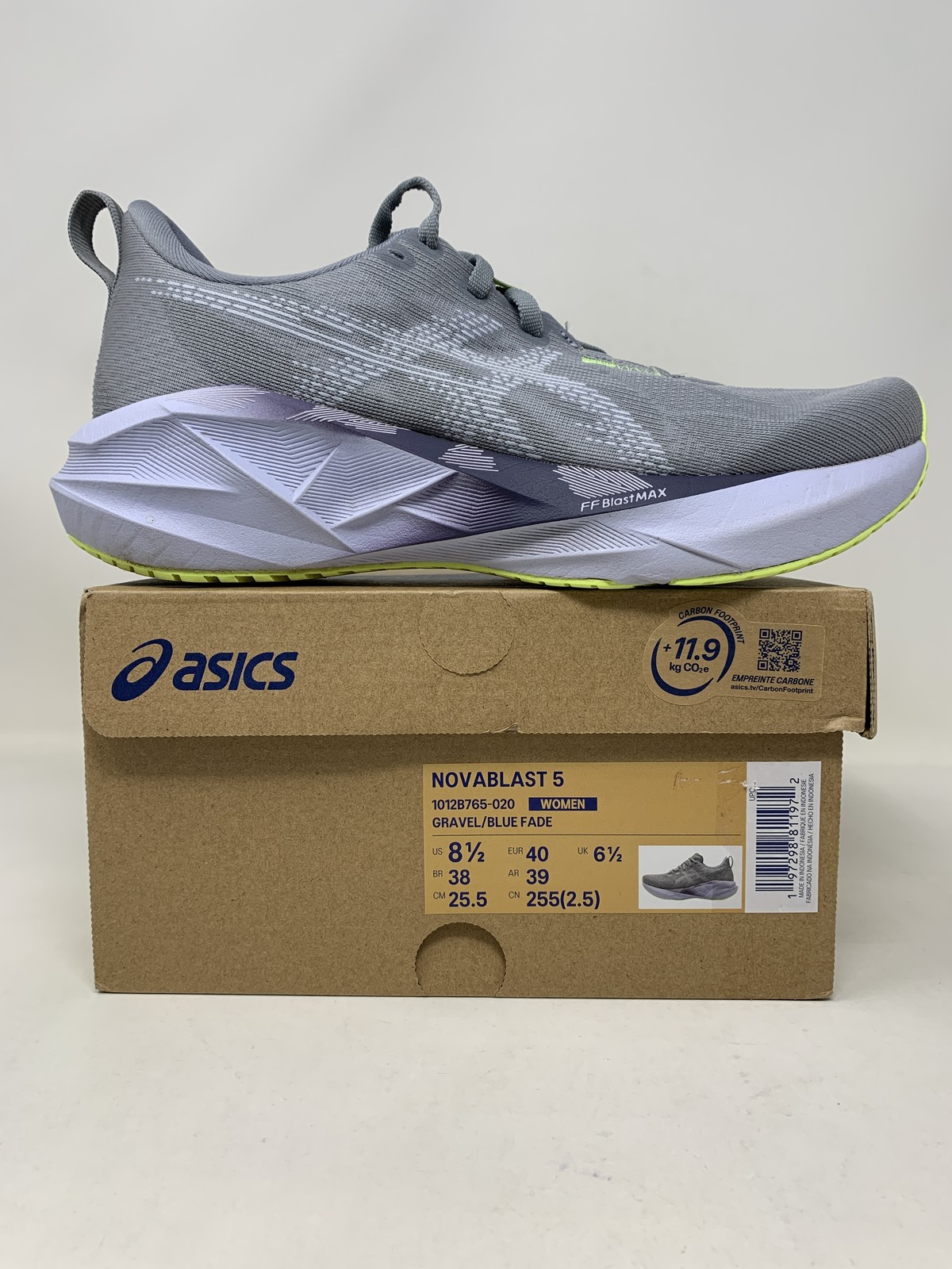 Women’s Asics Novablast 5, Gravel/Blue Fade, 8.5 B Medium US