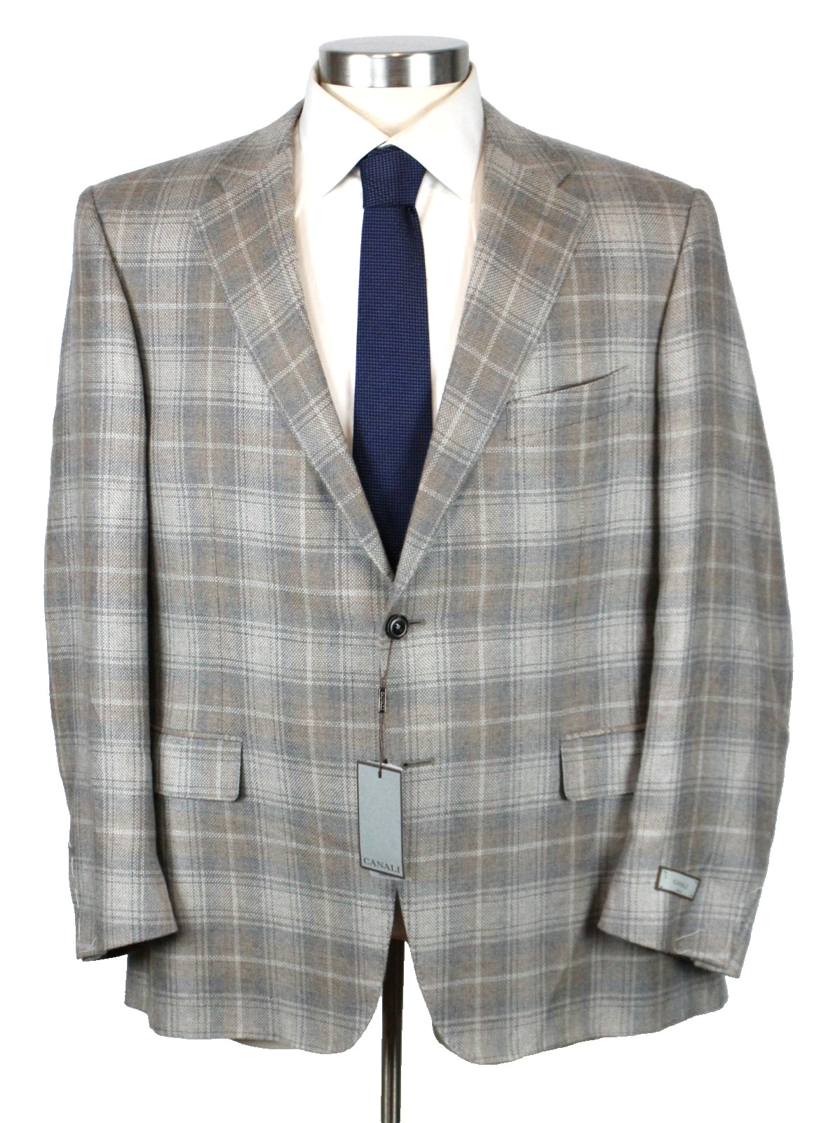 Canali Cashmere Sport Coat 48 R fits 46 (58 EU) Mens Grey Beige Plaid Blazer