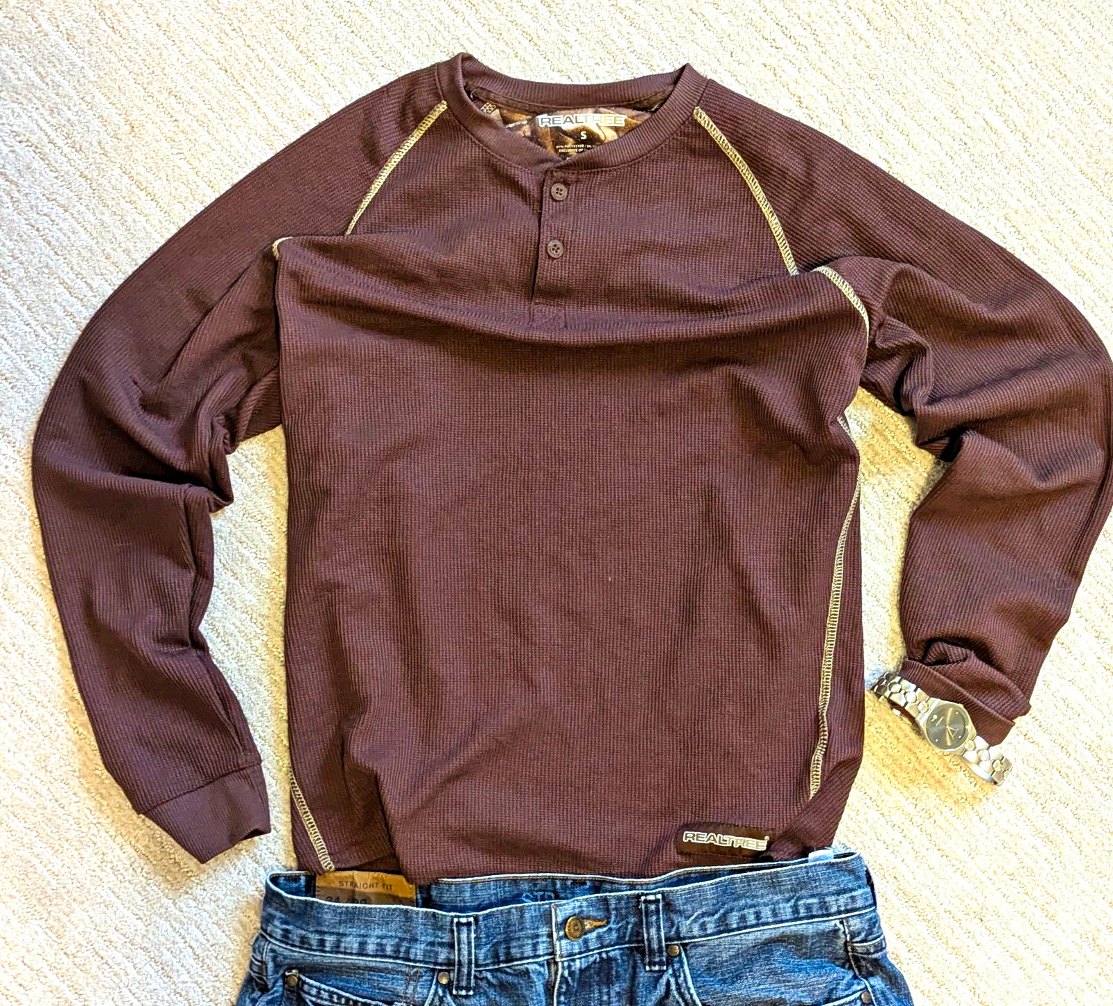 Realtree Men’s Brown Long Sleeve Henley Waffle Knit Thermal T-Shirt Size S