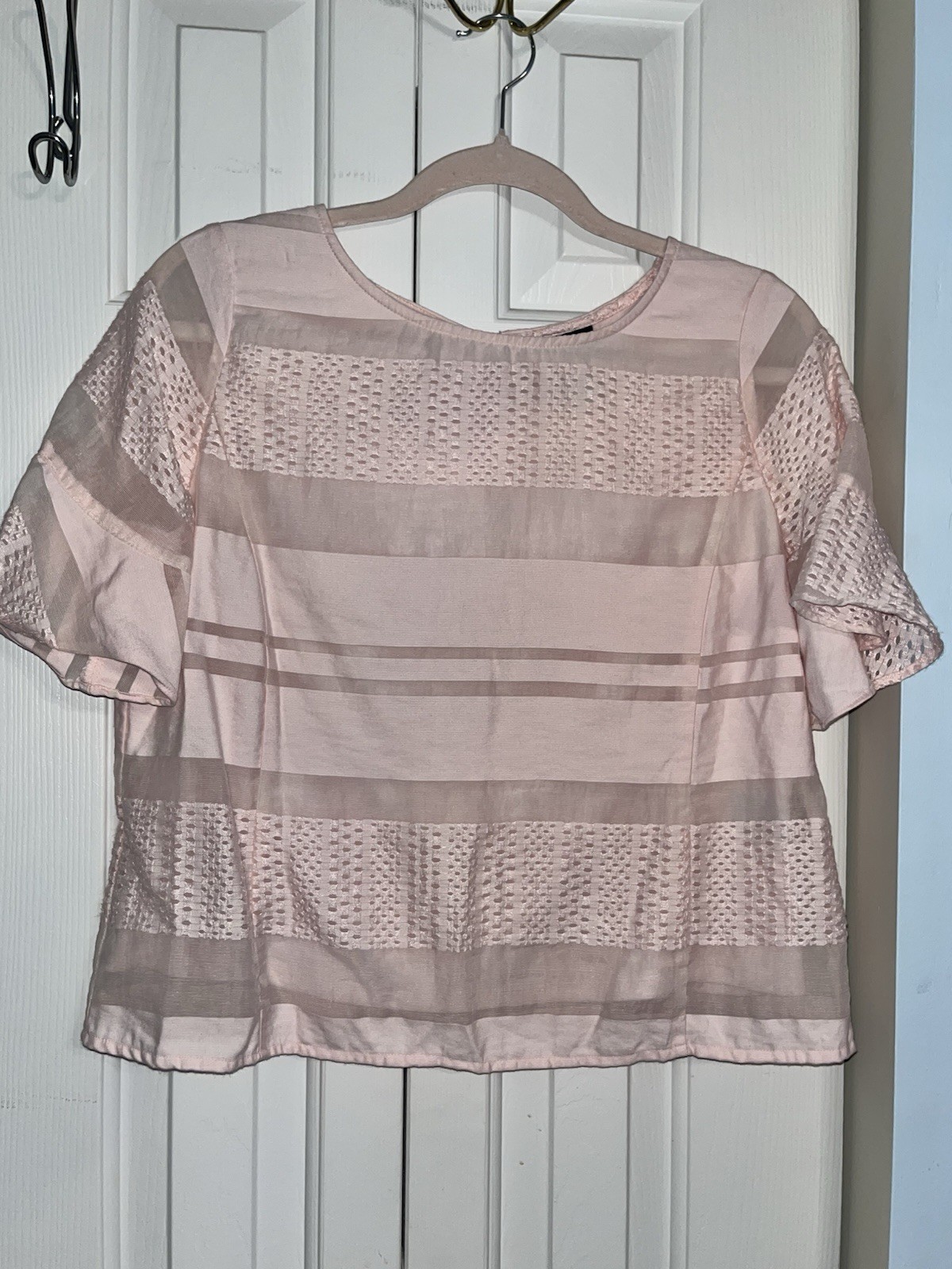 Liz Claiborne Petite PM Pink Sheer Chiffon Striped Short Sleeve Blouse