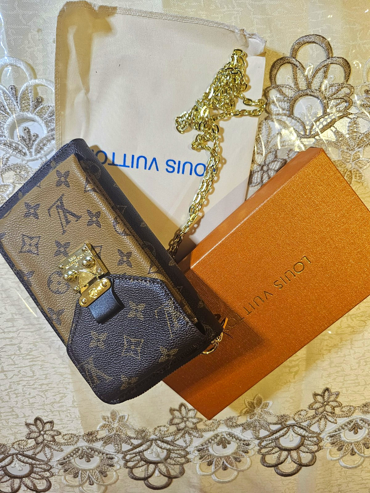 Louis Vuitton Monogram Wristlet Wallet w/ Gold-Tone Chain, Brown/Black/Gold