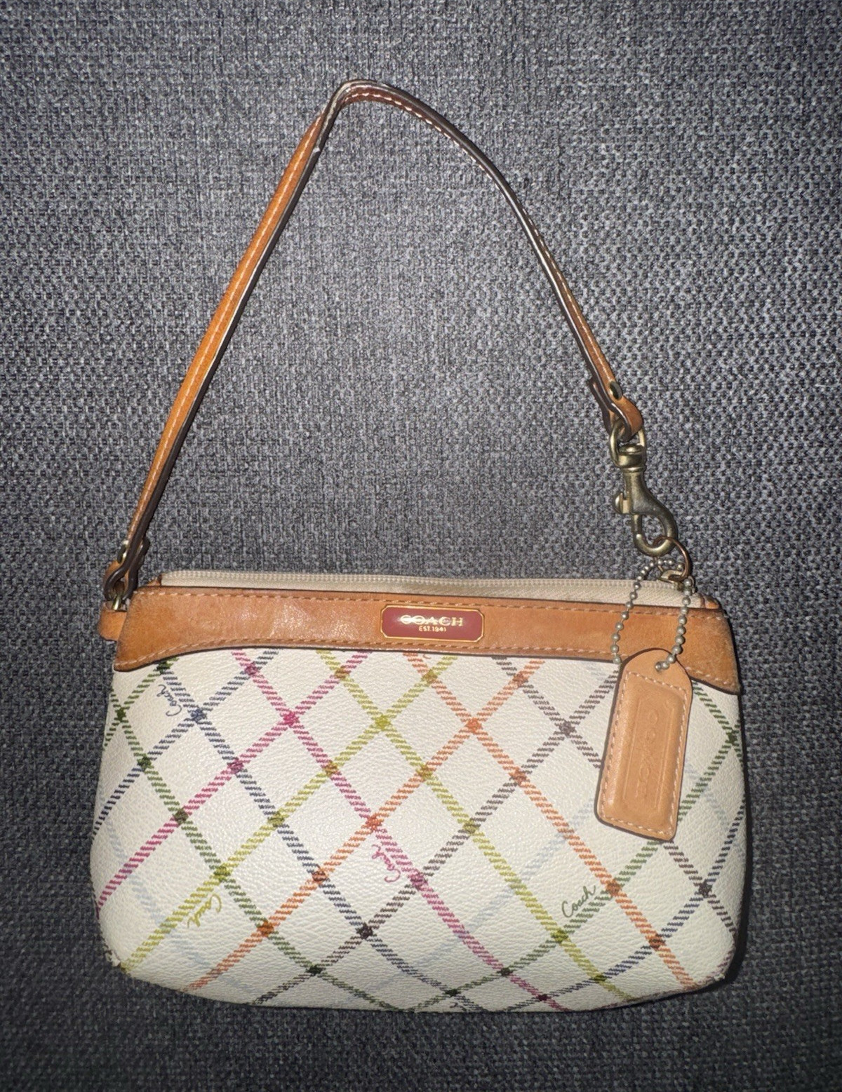 Coach Tattersall Plaid Print Coated Canvas Wristlet with Leather Trim