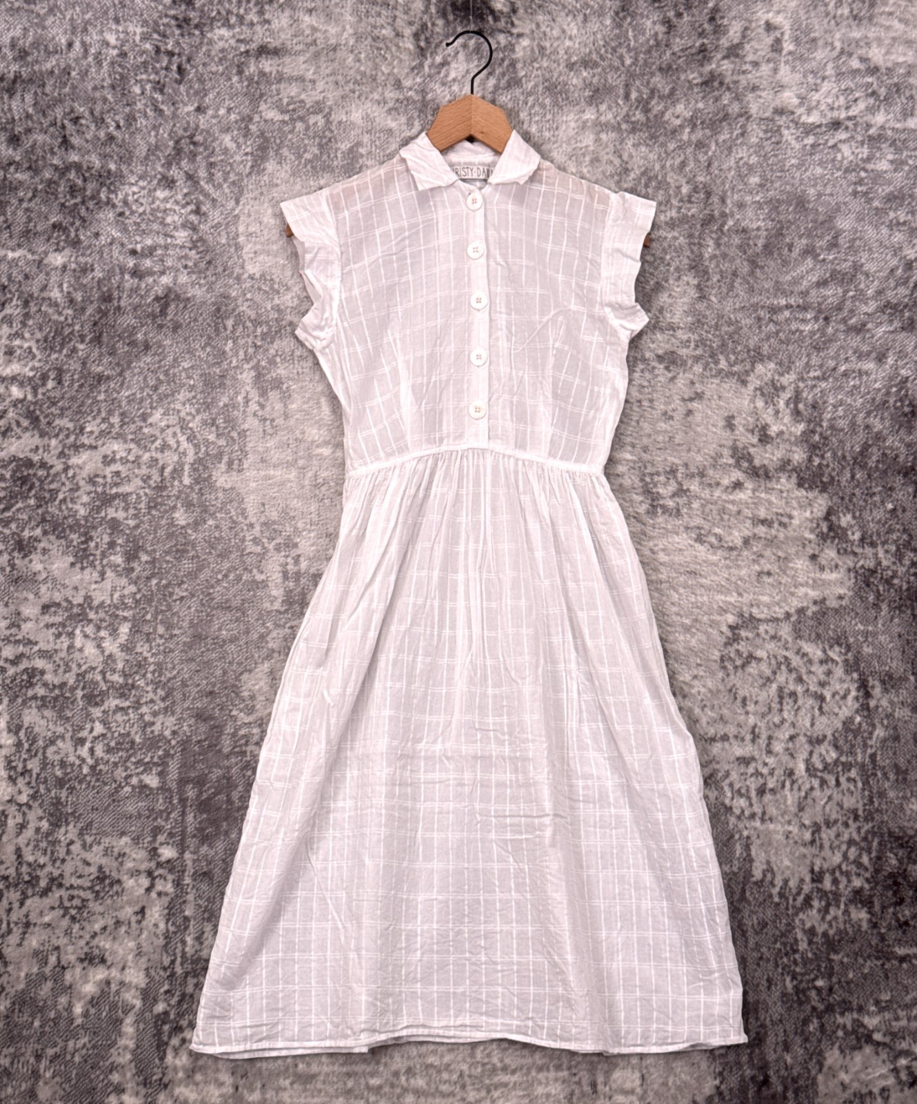 Christy Dawn Dress Small Womens White Windowpane Collar Lightweight Cotton Woven