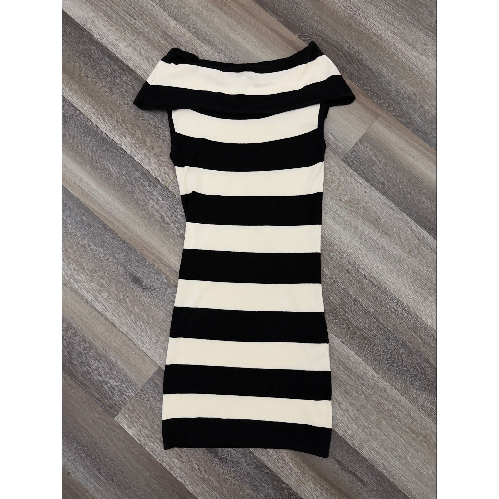 Black and White Striped Bodycon Sweater Dress Off Shoulder Cowl Neck Mini