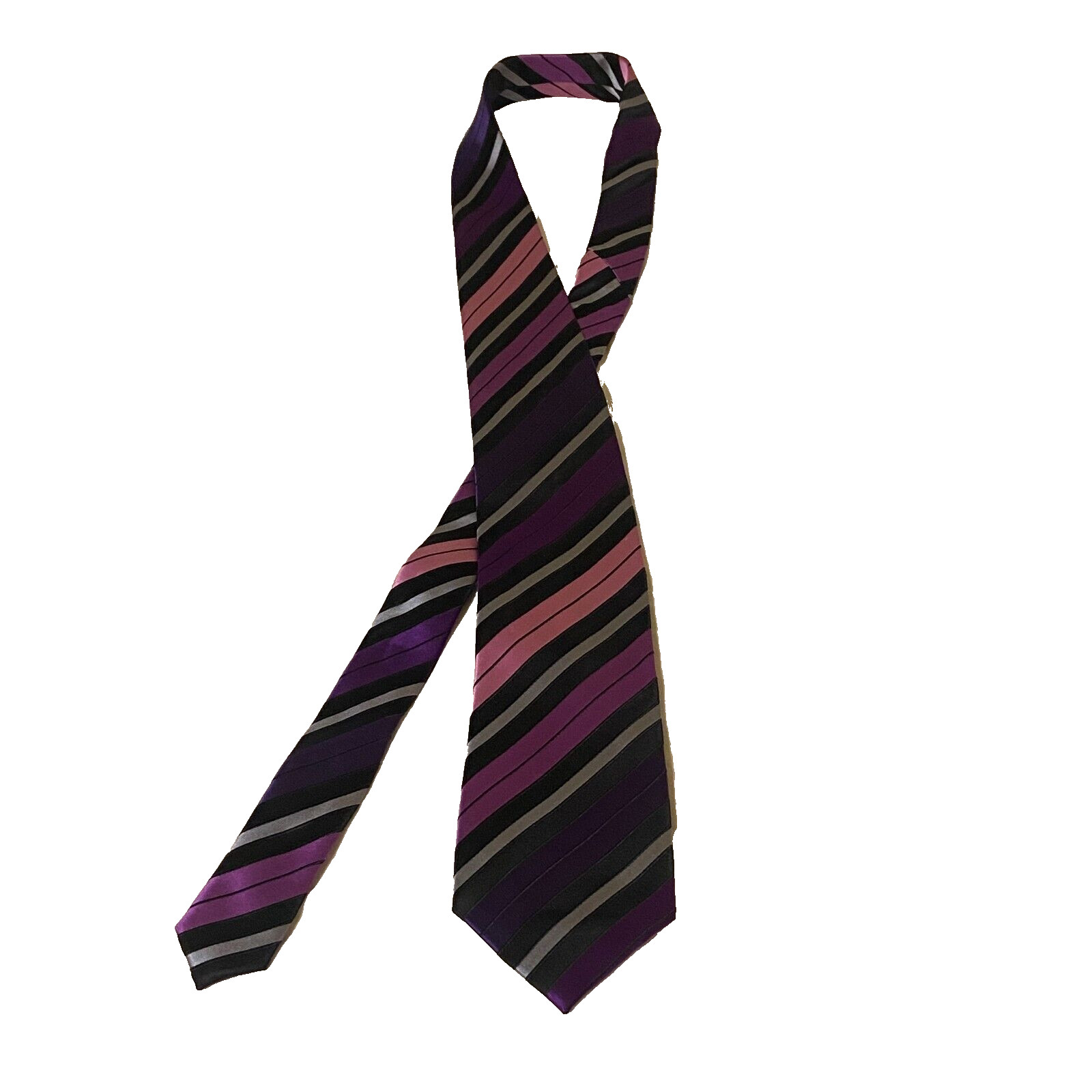 Croft & Barrow Silk Tie Purple/Black/Silver Stripes – Classic Style – GUC